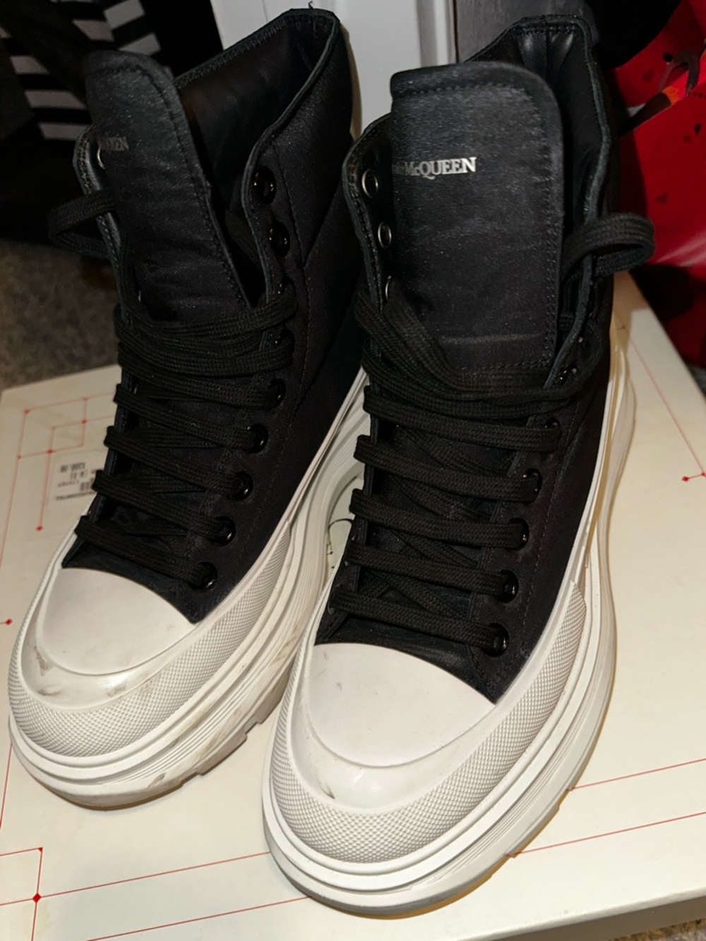 Alexander McQueen Black Canvas Lace-Up Platform Boots with White Sole